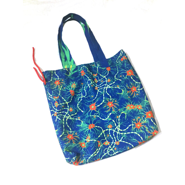 Indigo bacteria shapes drawstring heavyweight canvas tote bag